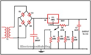 0-28V, 6-8A Power Supply Circuit using LM317 and 2N3055