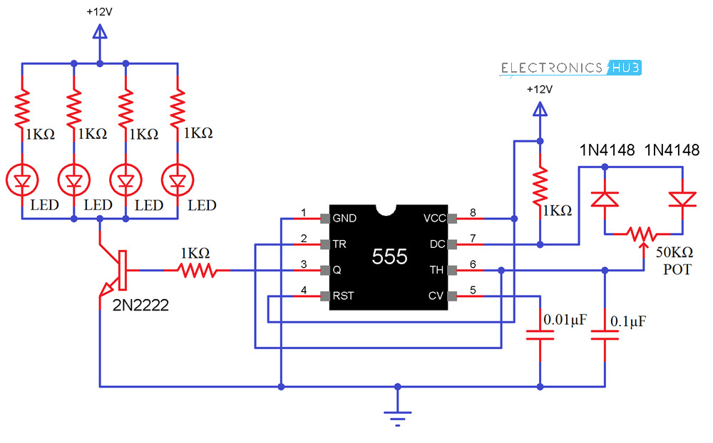 Caroline gele underordnet PWM based LED Dimmer Using 555 - Circuit, Block Diagram, Working