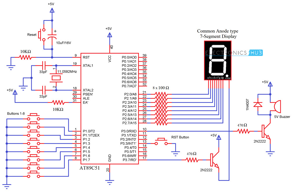 8 Channel Quiz Buzzer Circuit using Microcontroller Circuit Diagram