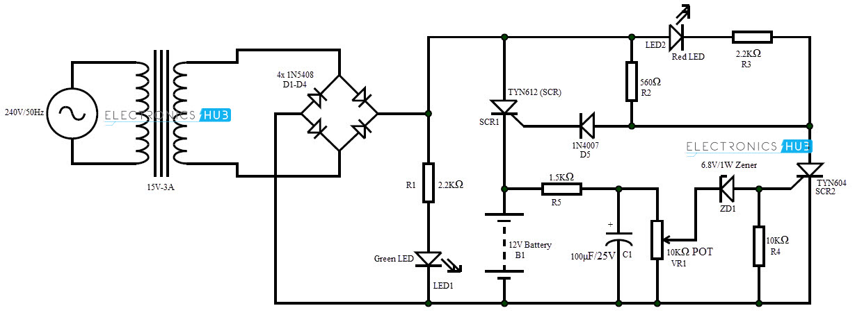 Automatic 12v Portable Battery Charger Circuit using LM317