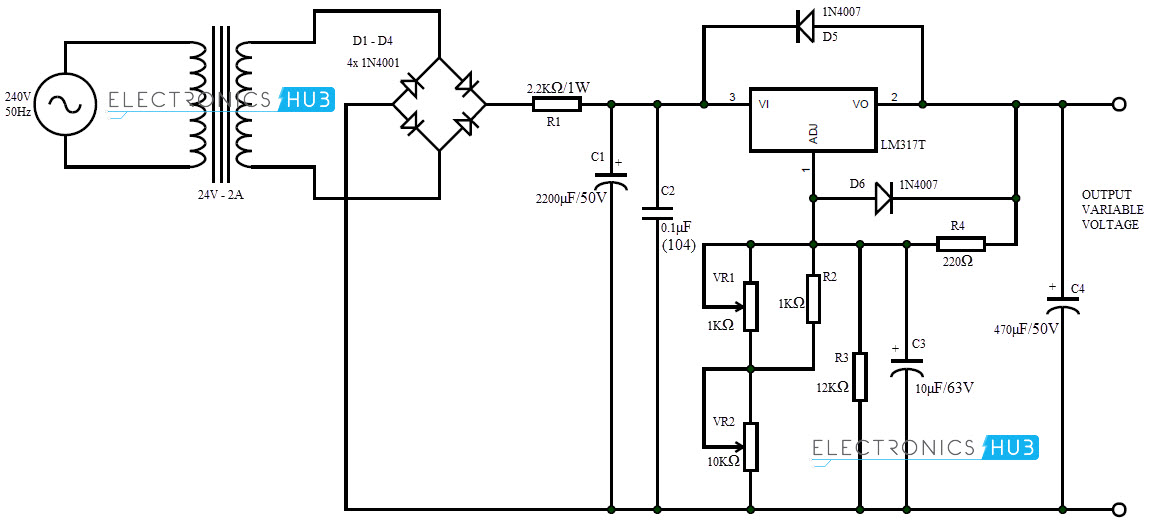 0-28V, 6-8A Power Supply Circuit using LM317 and 2N3055 basic 12 volt battery wiring 