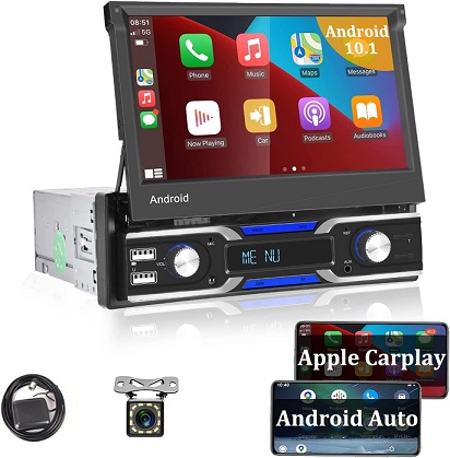Single 1DIN 7 Car Stereo Radio Apple Carplay Android Auto Flip Out Touch  Screen