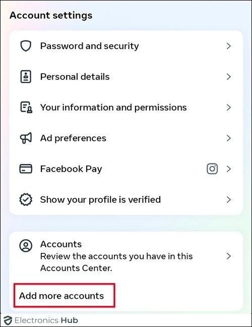 Add more accounts-how to link instagram in facebook