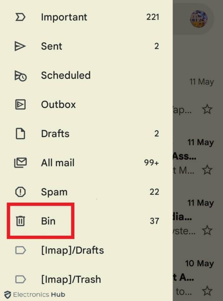 Android Bin icon-empty trash in Gmail