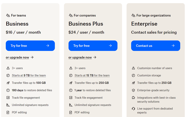 cost of dropbox for business