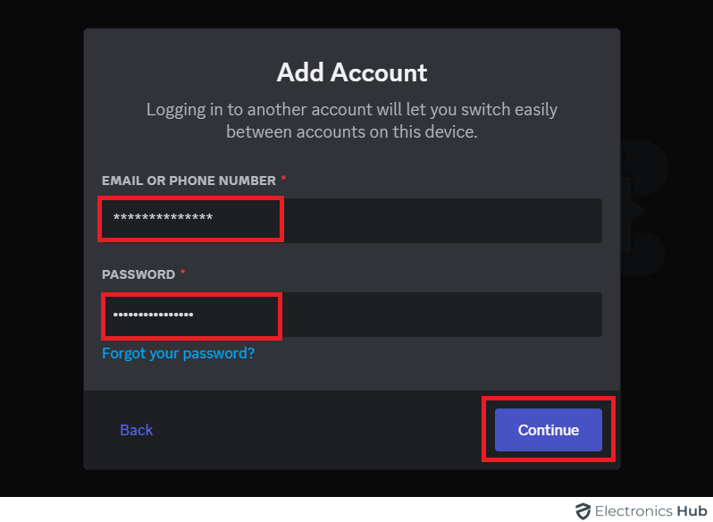 Click Continue - multiple account with Discord