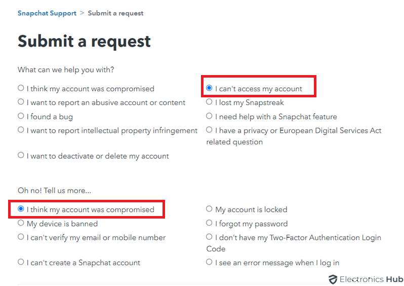 Click on the Specific Reasons - to Recover Your Deleted Snapchat Account