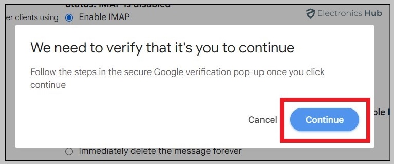 Continue button-configure imap gmail