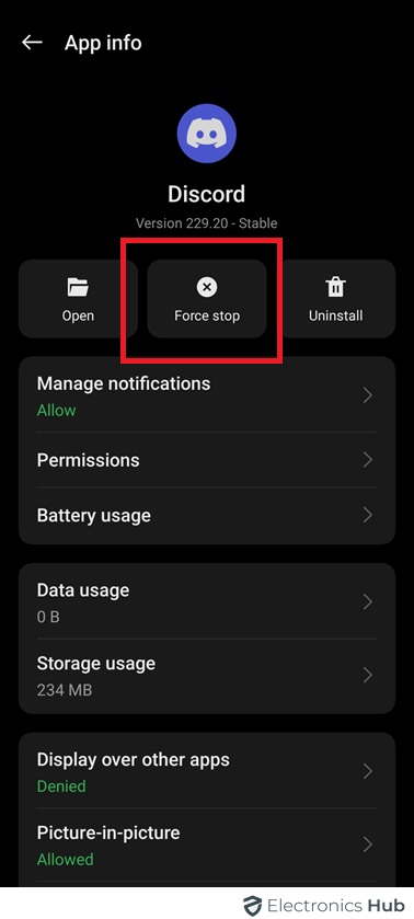 Force Stop - restart Discord on Android