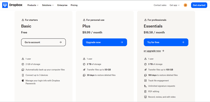 Individual - pricing for dropbox