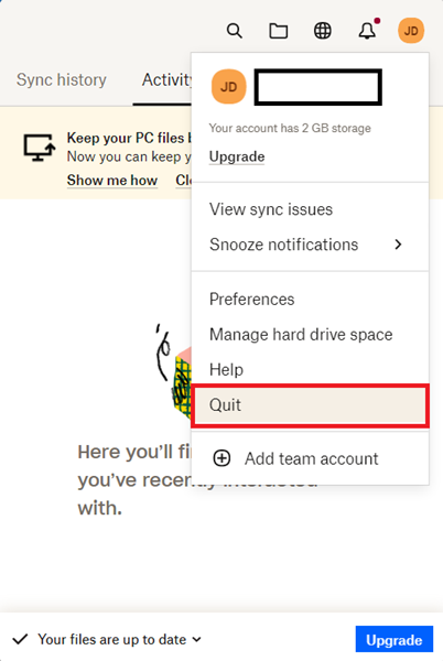 Quit - dropbox syncing issues