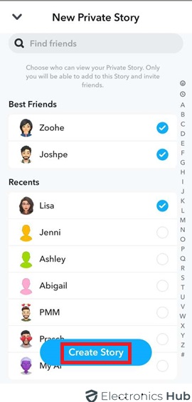 Select Contacts to Create & Send Private Story
