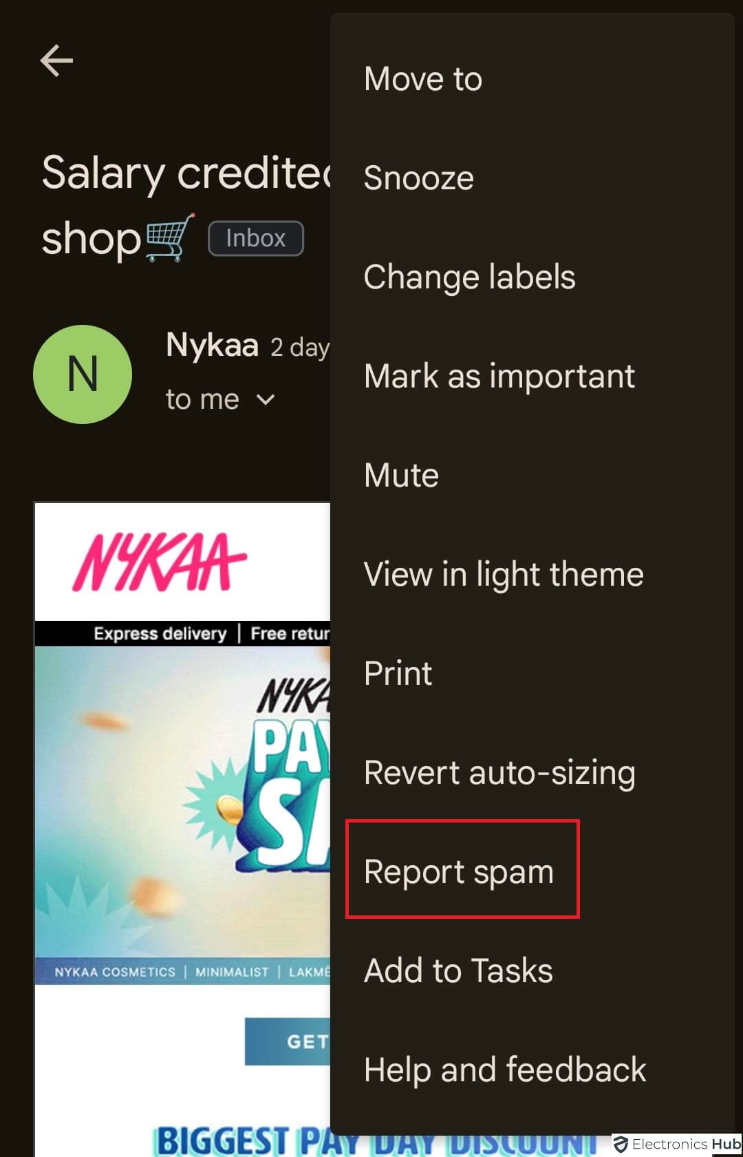 Select Report spam-report an email in Gmail