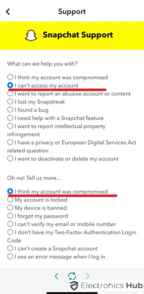 Select the Reasons to complain about your Snapchat account recovery