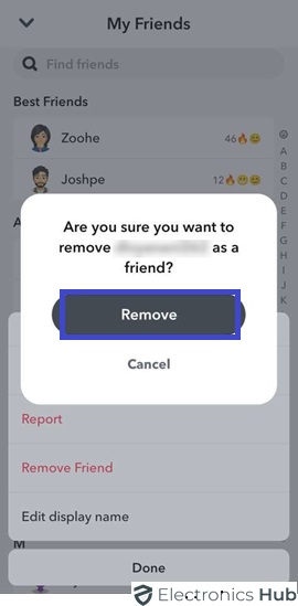 Tap Remove to delete friend from list