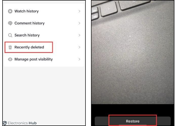 Tap Restore-delete videos in tiktok