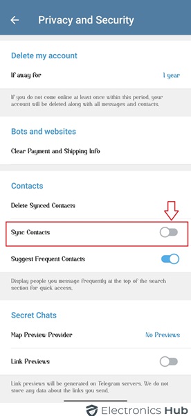 Turn off Sync Contacts-remove contact on telegram