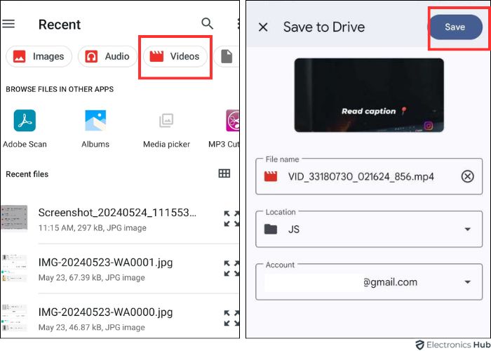 android video -add video to google drive