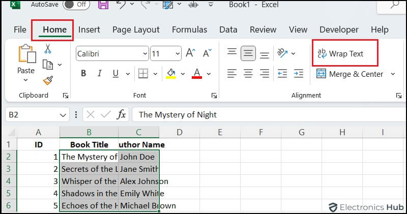 Wrap Text button-enable text wrapping in excel