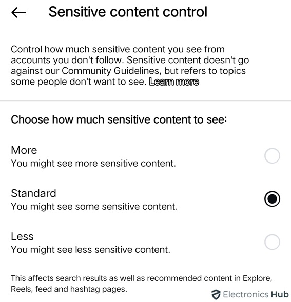 choose sensitive content - reset explore page on IG