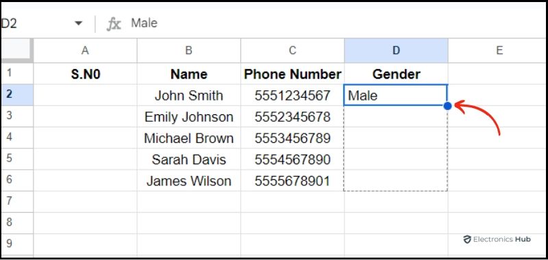 drag fill handle - autofill google sheets