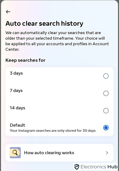 options for search history - reset explore page on insta