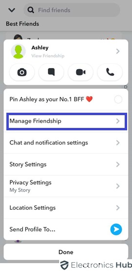 tap on Manage Friendship to remove friend from list